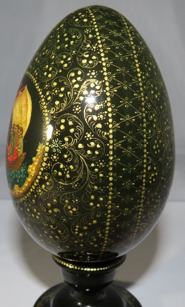 Russisch lak ei 4x op voetje 6x, Palekh beschilderingen, Natuurlijk materiaal, Verzenden, Overige typen, 9 cm