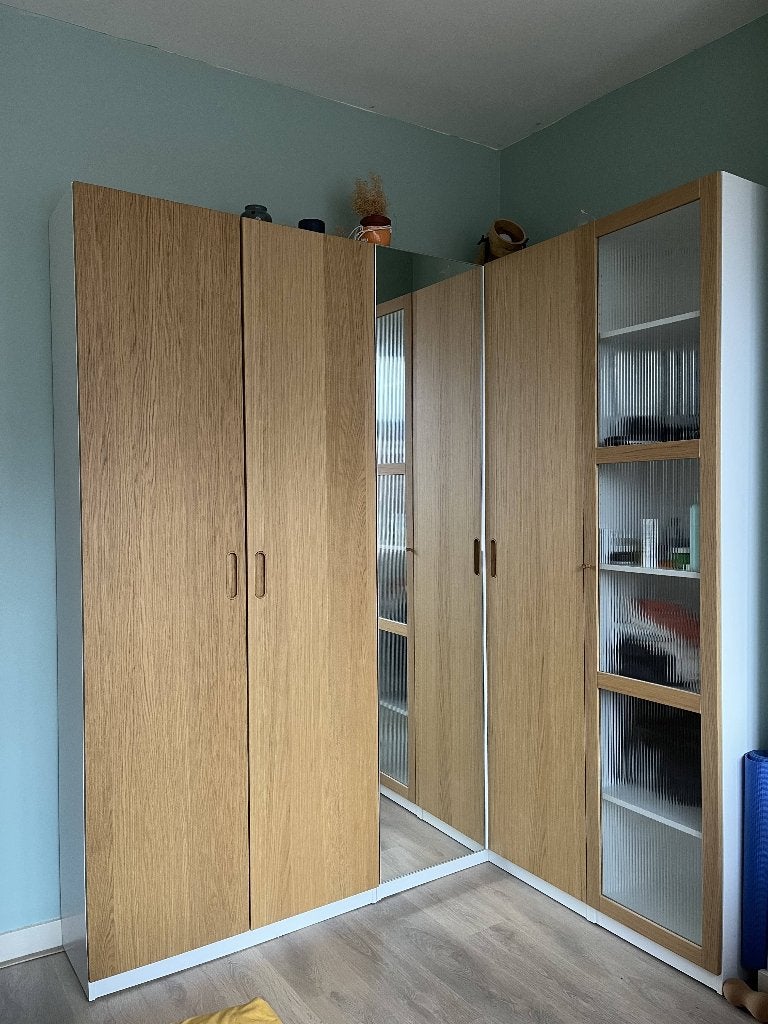 PAX Ondiepe hoekkast met spiegel-, eiken-, en glazen deuren, Modern, Scandinavisch, 200 cm of meer, 150 tot 200 cm, Overige houtsoorten