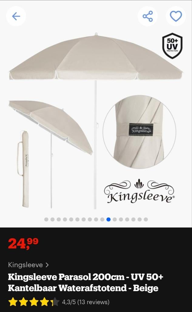 Kingsleave Parasol Beige met Spiraalvoet - Nieuw, Ophalen, Nieuw, 1 tot 2 meter, Strandparasol