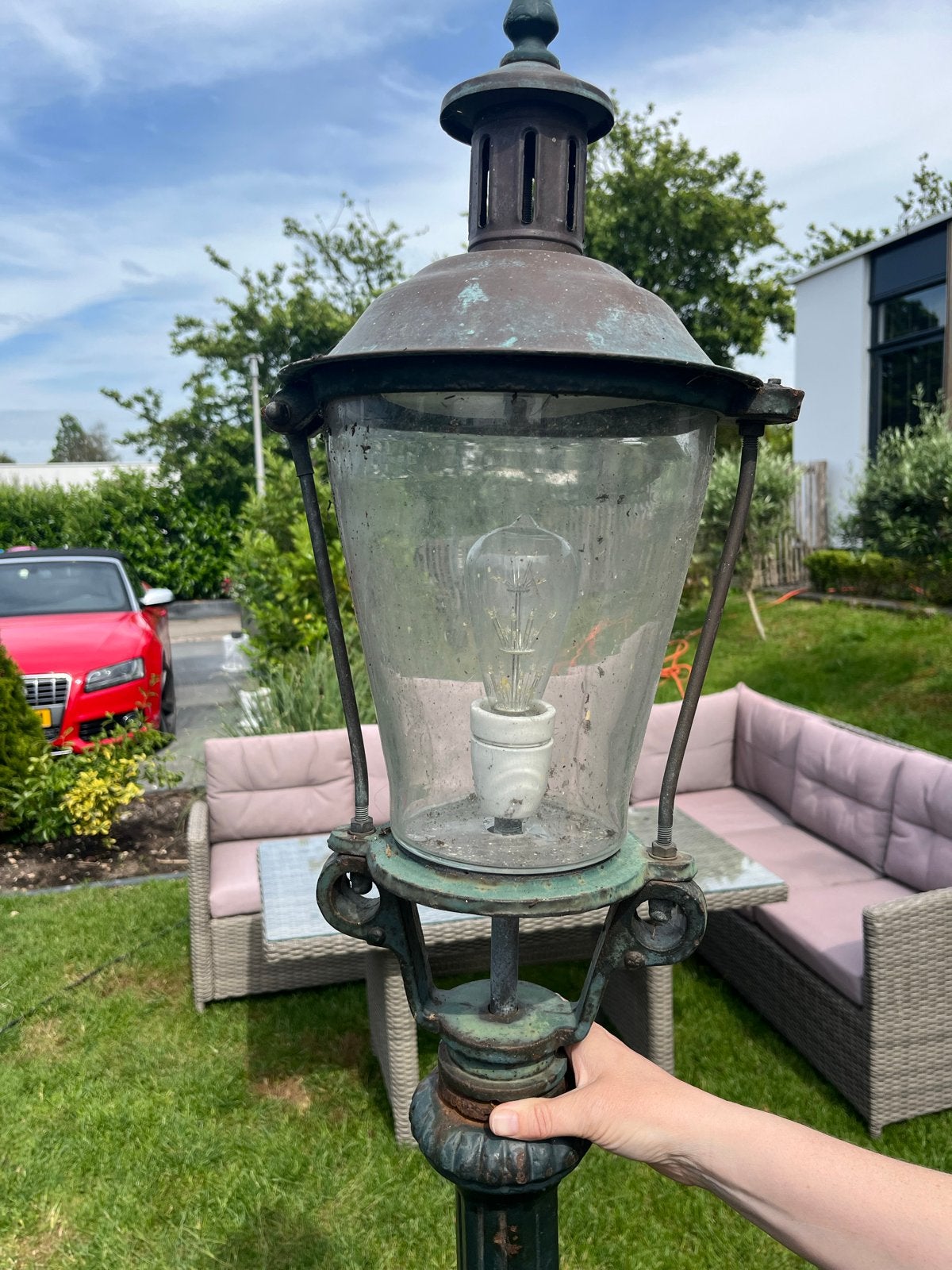 Gietijzeren tuinlantaarn, 2m hoog, met LED-lamp, Tuin en Terras, Ophalen, Gebruikt, Staande lamp, Netvoeding