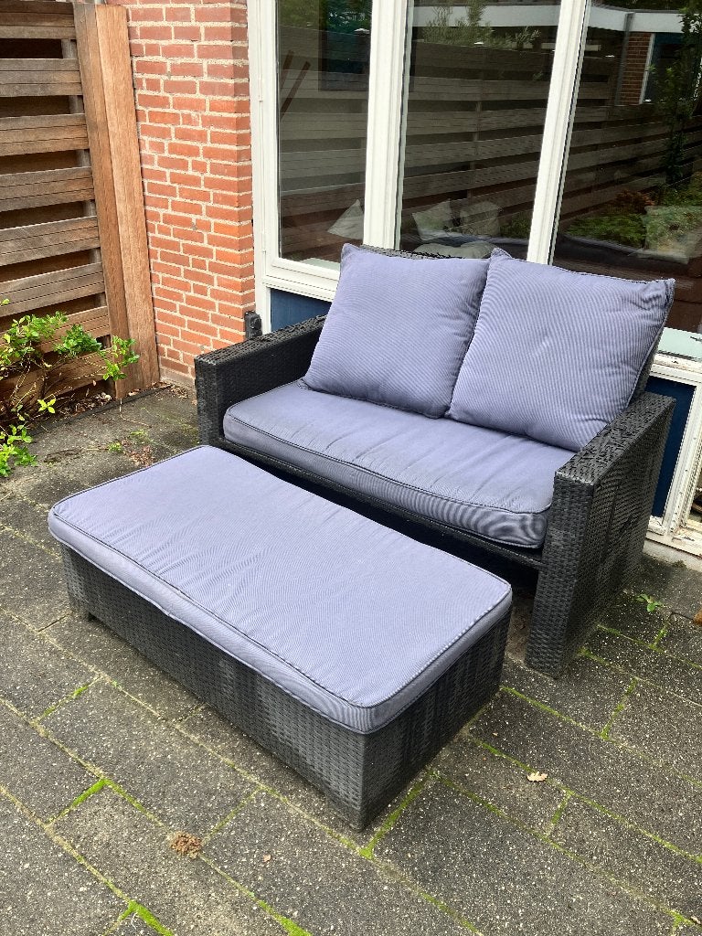 Loungebank met voetenbank incl kussens, Gebruikt, Rotan, Loungeset, Bank