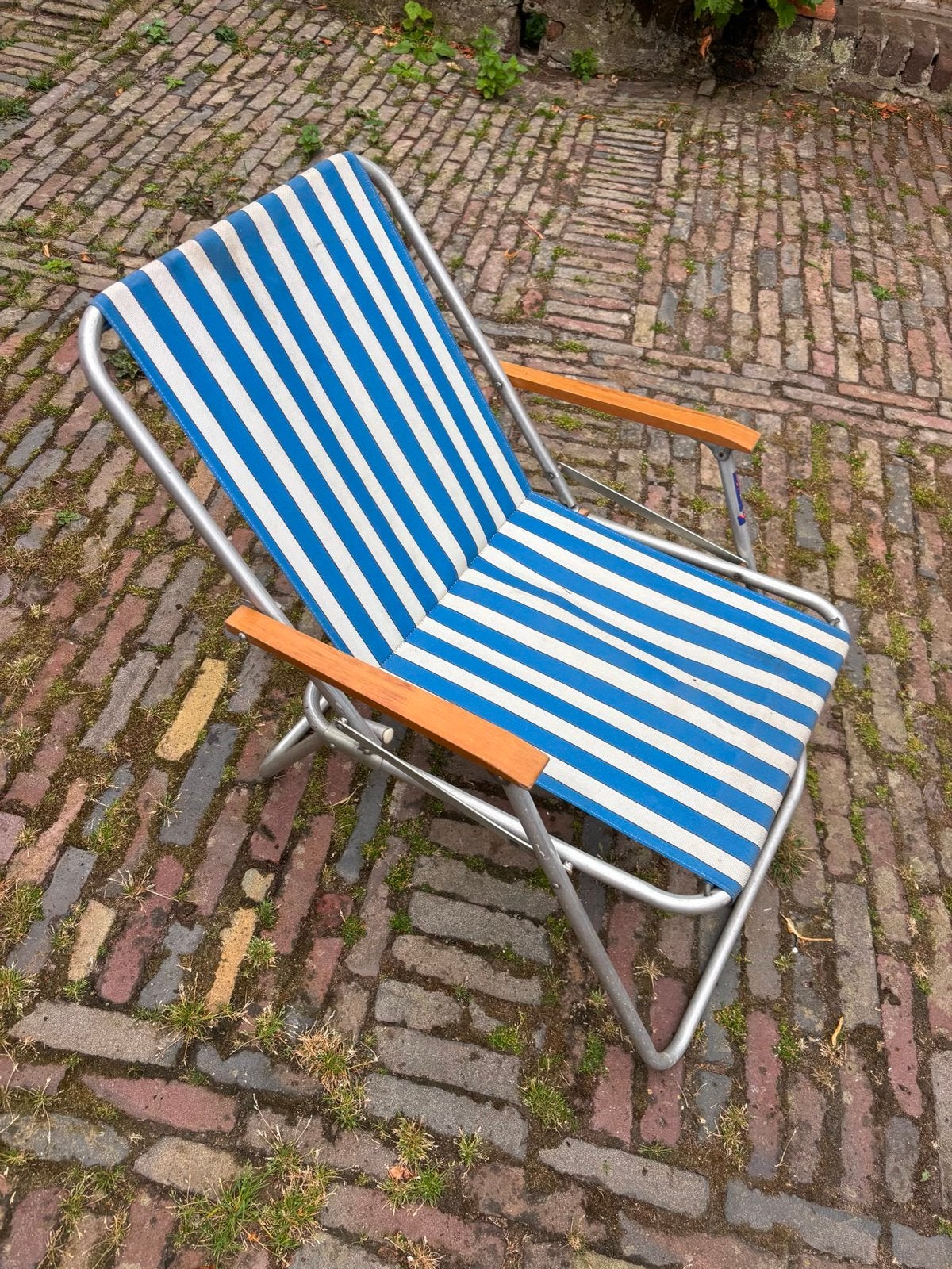 Vintage strandstoel - Blauw/Wit gestreept, Ophalen, Gebruikt