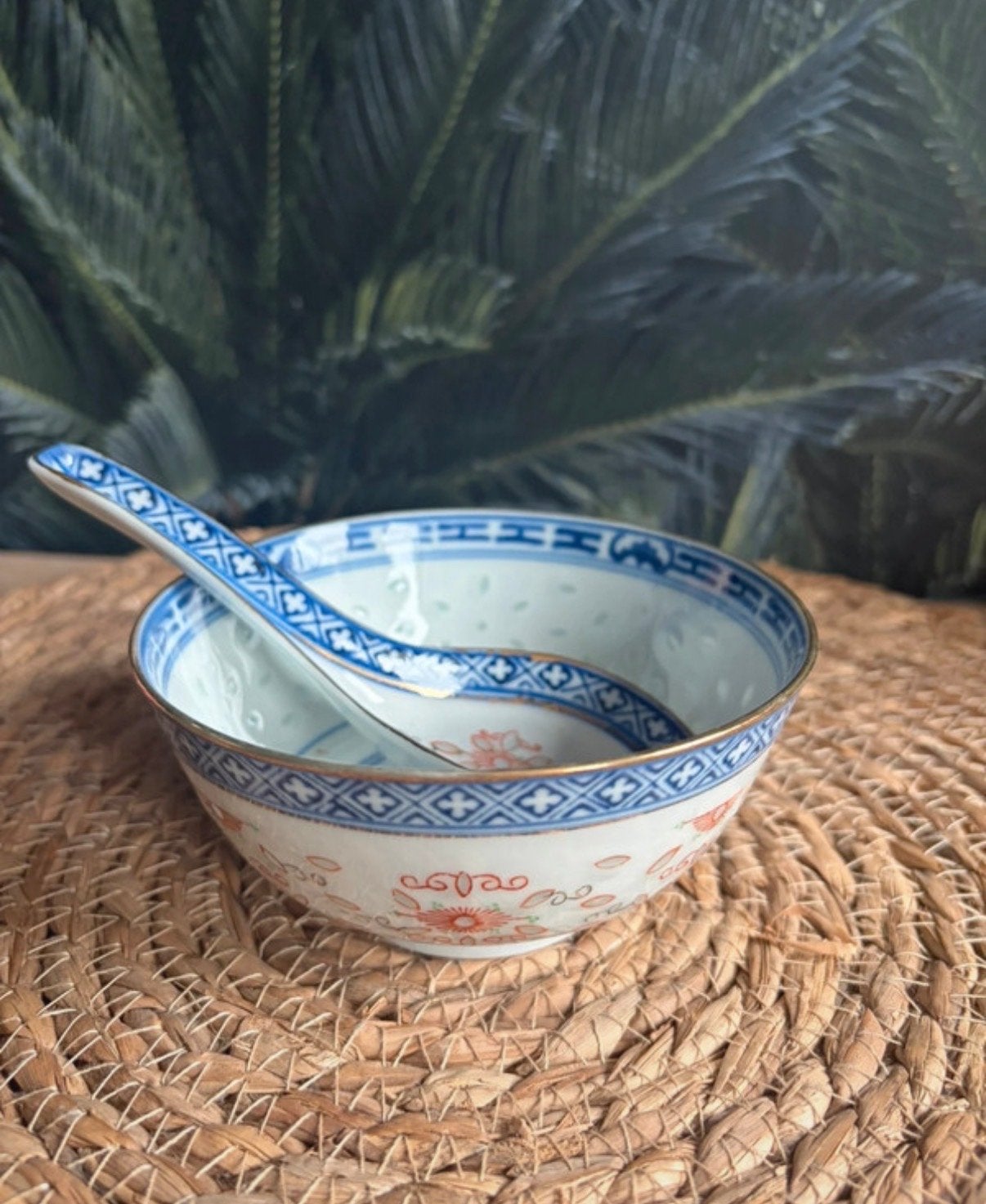 Vintage Chinees Rijstkommetje met Lepel - Porselein, Antiek en Kunst, Ophalen of Verzenden