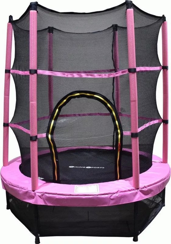 Roze trampoline met veiligheidsnet - schuimbanden verkleurd, Ophalen, Gebruikt
