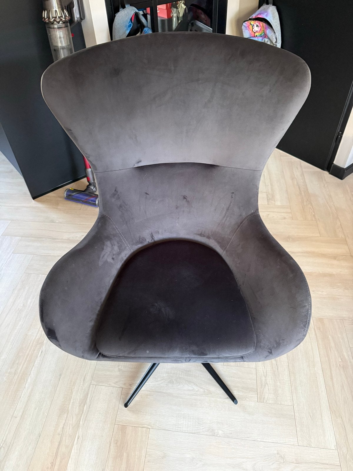 Draaibare fauteuil - antraciet fluweel, Huis en Inrichting, Stoelen, Ophalen, Zo goed als nieuw, Eén, Stof