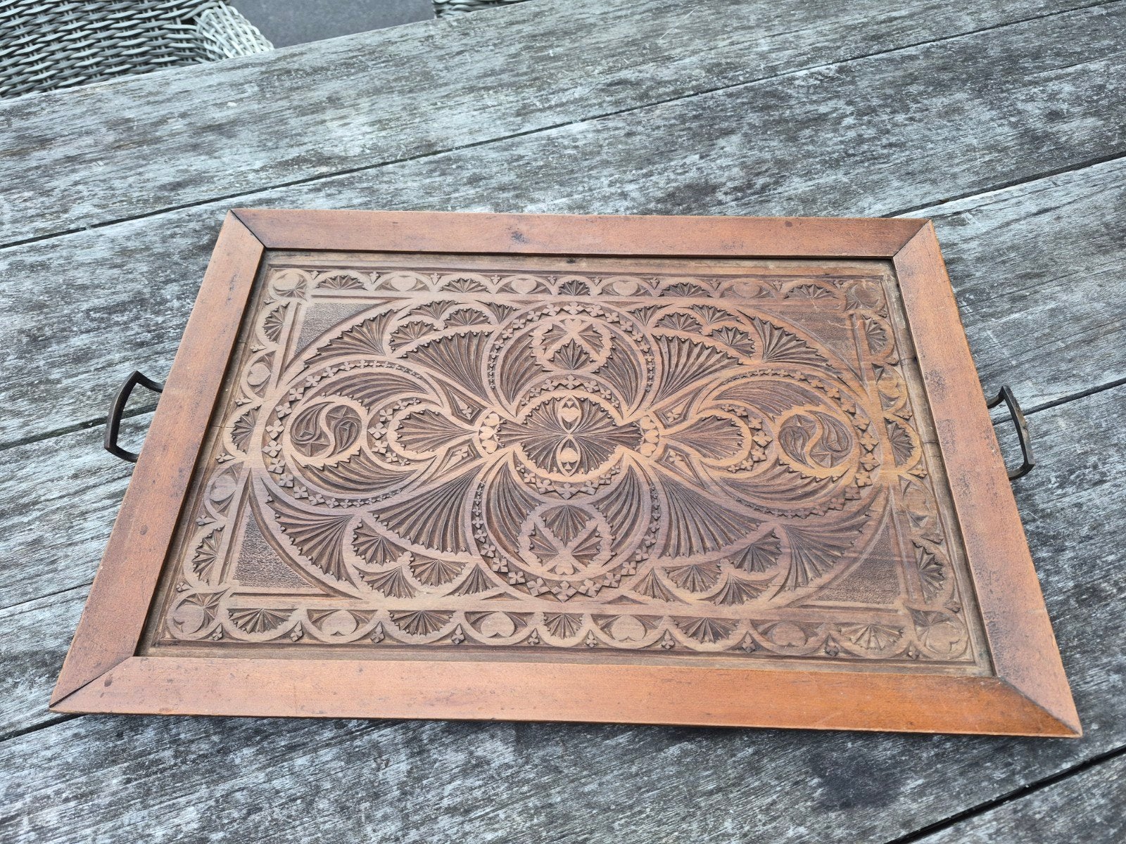 Antiek houten dienblad. Vintage houtsnijwerk., Ophalen of Verzenden, Rechthoekig, Hout
