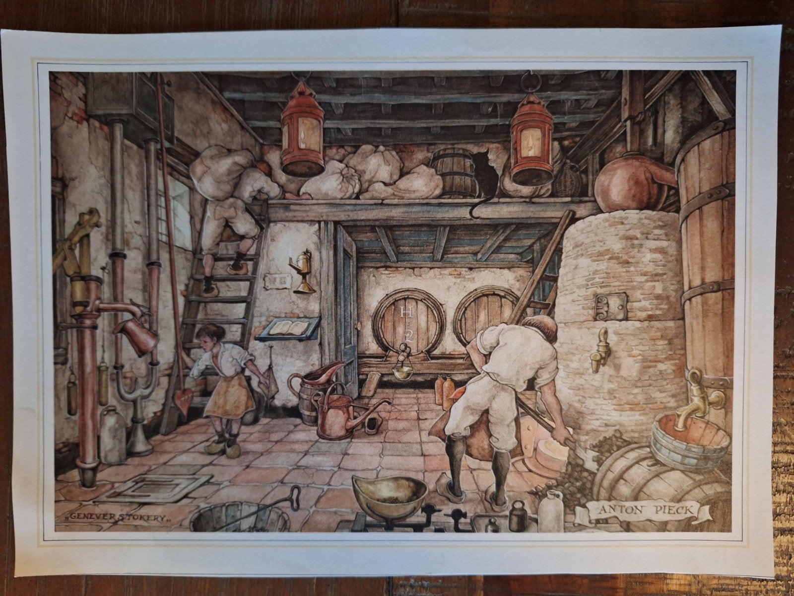 2 Prenten Anton Pieck - Genever Stokerij, Schoenmakerij, 1980 tot heden, Ophalen of Verzenden, Zo goed als nieuw, Prent