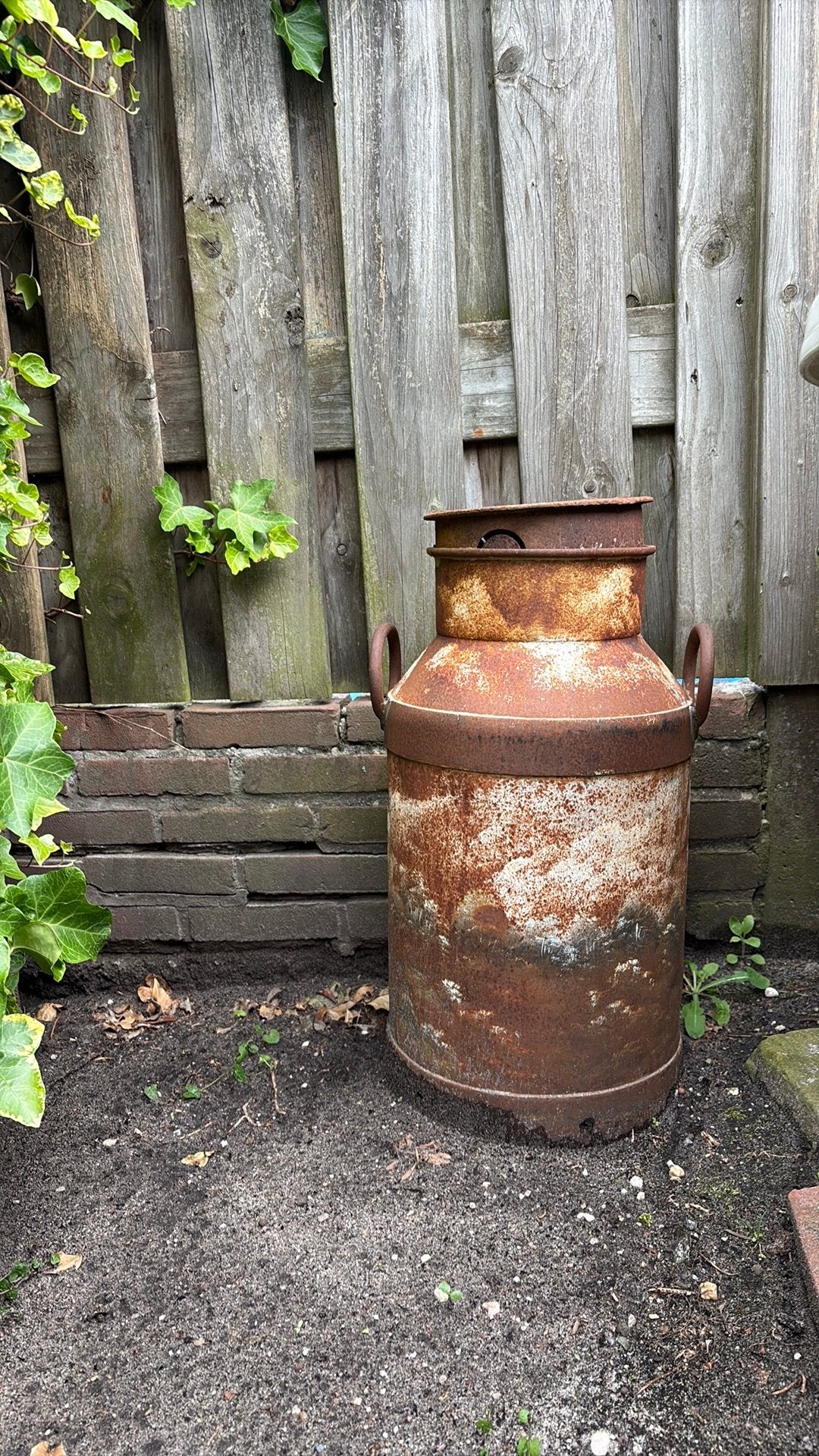 Antieke melkbus,, Gebruikt, Rond, Metaal, Tuin