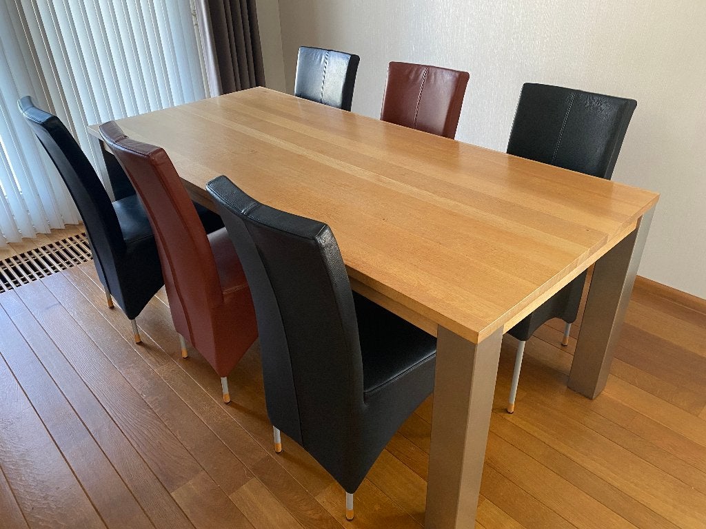 Te koop 6 persoons eethoek met leren stoelen., Ophalen, Gebruikt, 50 tot 100 cm, Vijf personen of meer
