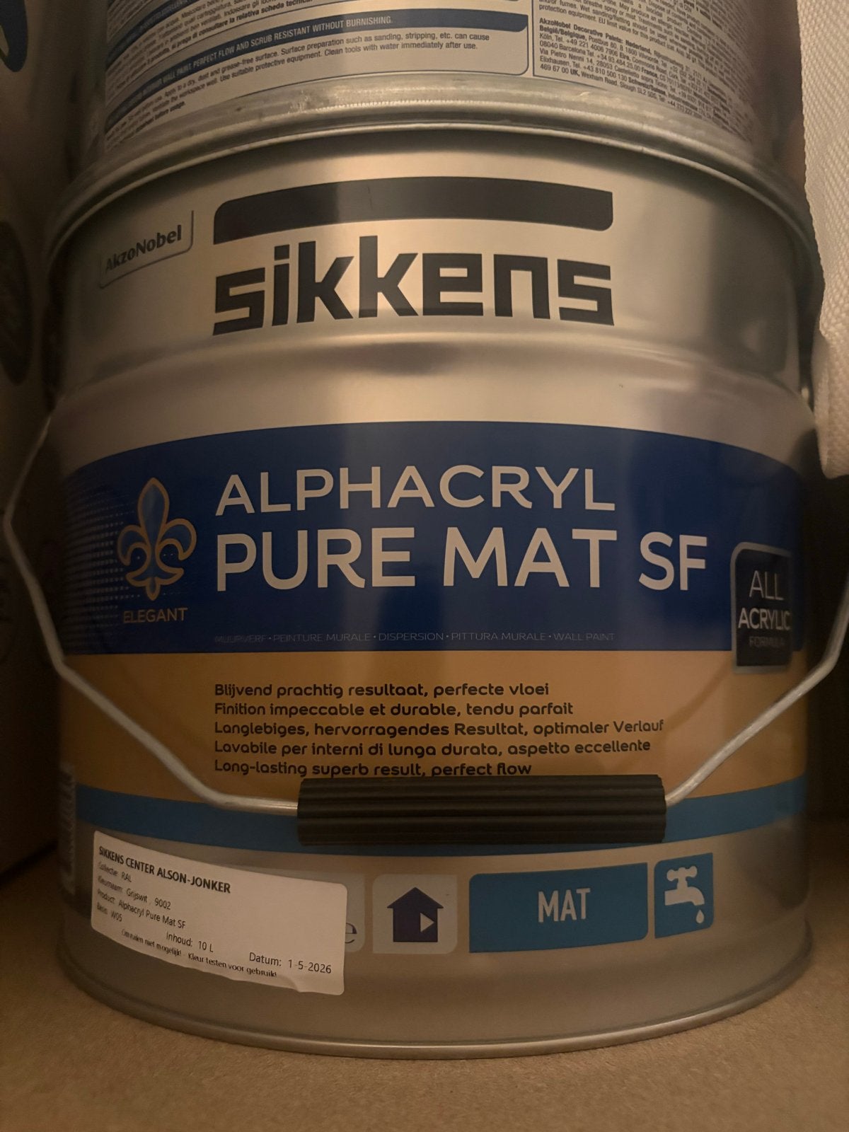 Sikkens Alphacryl Pure Mat SF Muurverf Grijs Wit 10L Nieuw, Ophalen, 5 tot 10 liter, Nieuw, Verf
