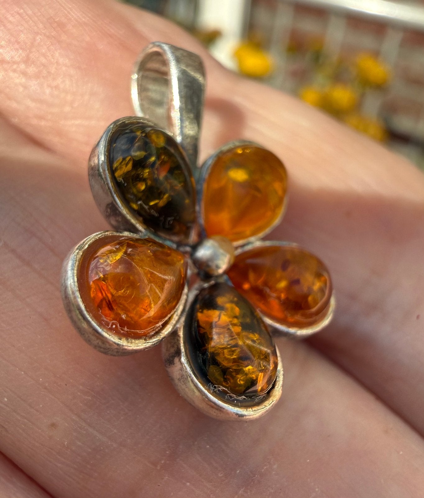 H083/Zilveren AMBER Bloem Hanger, Gebruikt, Verzenden, X, Zilver