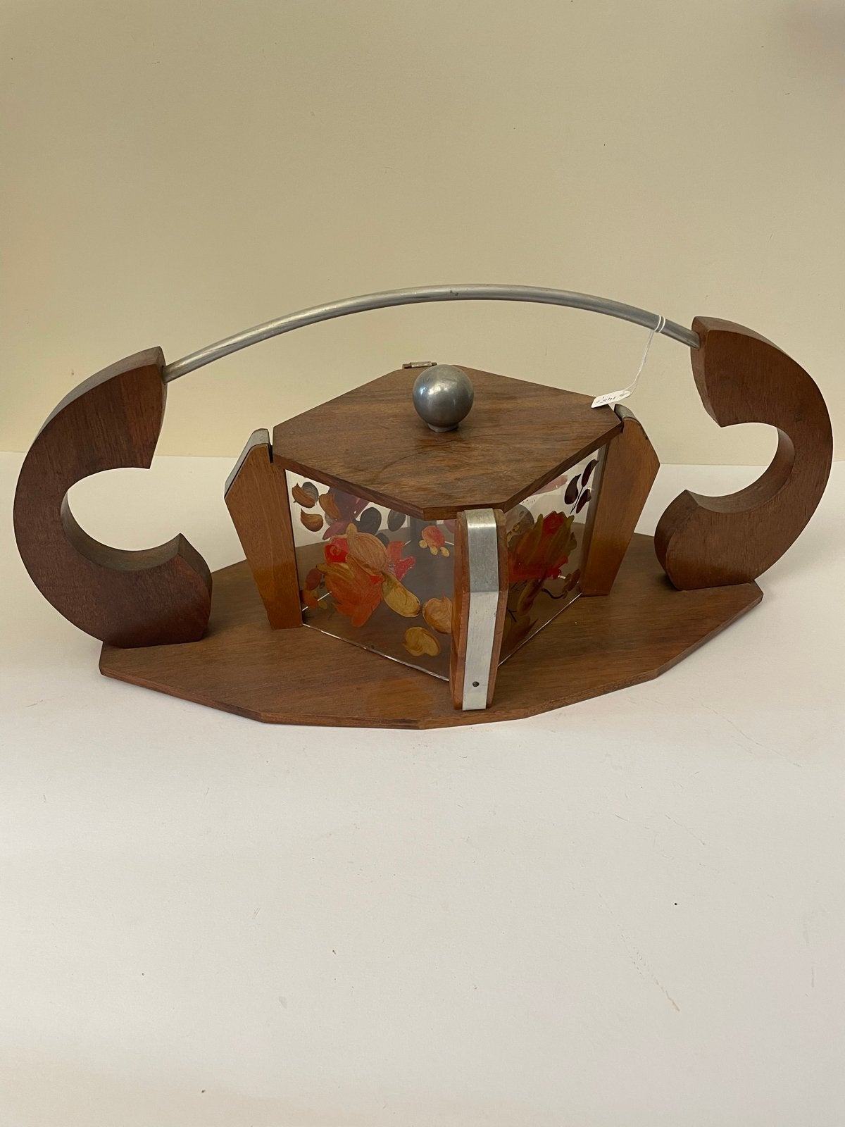 Engelse Art Deco Koekjestrommel Hout & Handgeschilderd Glas, Antiek en Kunst, Ophalen of Verzenden
