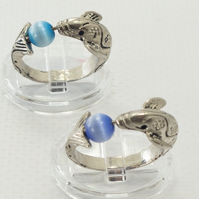 Dolfijn Ring Staal met Blauw Kattenoog Boho 2 stuks, Verzenden, Kleiner dan 17, Zilver, Dame