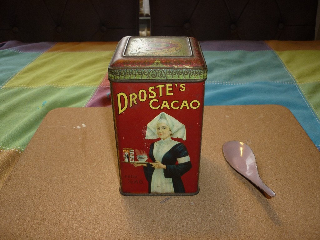 Antieke Droste cacaoblik ½ KG scharnierend deksel, Verzamelen, Ophalen of Verzenden, Gebruikt, Overige, Droste
