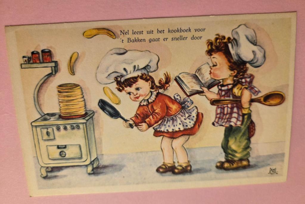 Twee kinderen bakken pannenkoeken, Verzenden, 1940 tot 1960, Ongelopen, Kinderen