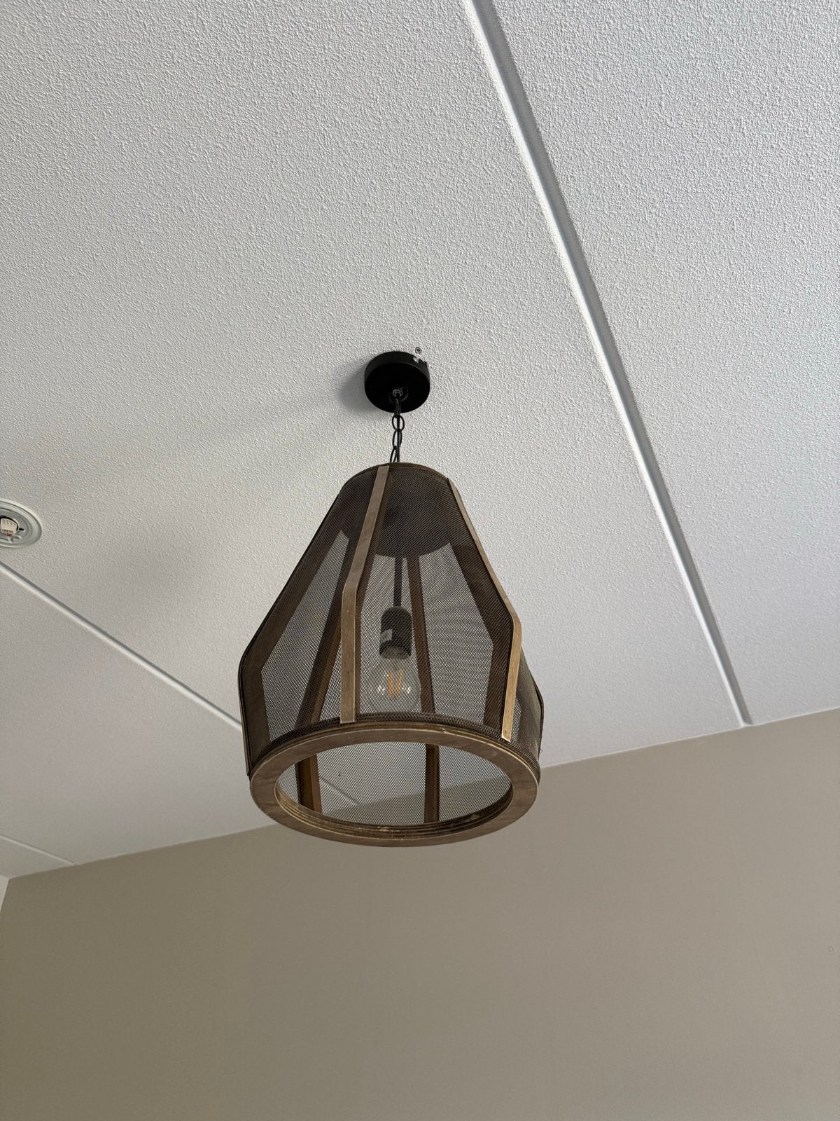 Japandi Art deco Hanglamp met gaas en houten accenten, Ophalen, Zo goed als nieuw, Hout, E27 (groot)