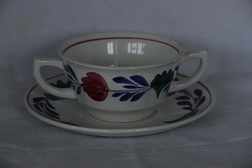 Vintage Boerenbont soepkom met schotel, Huis en Inrichting, Keuken | Servies, Gebruikt, Vintage, Ophalen of Verzenden, Kop(pen) en/of Schotel(s)