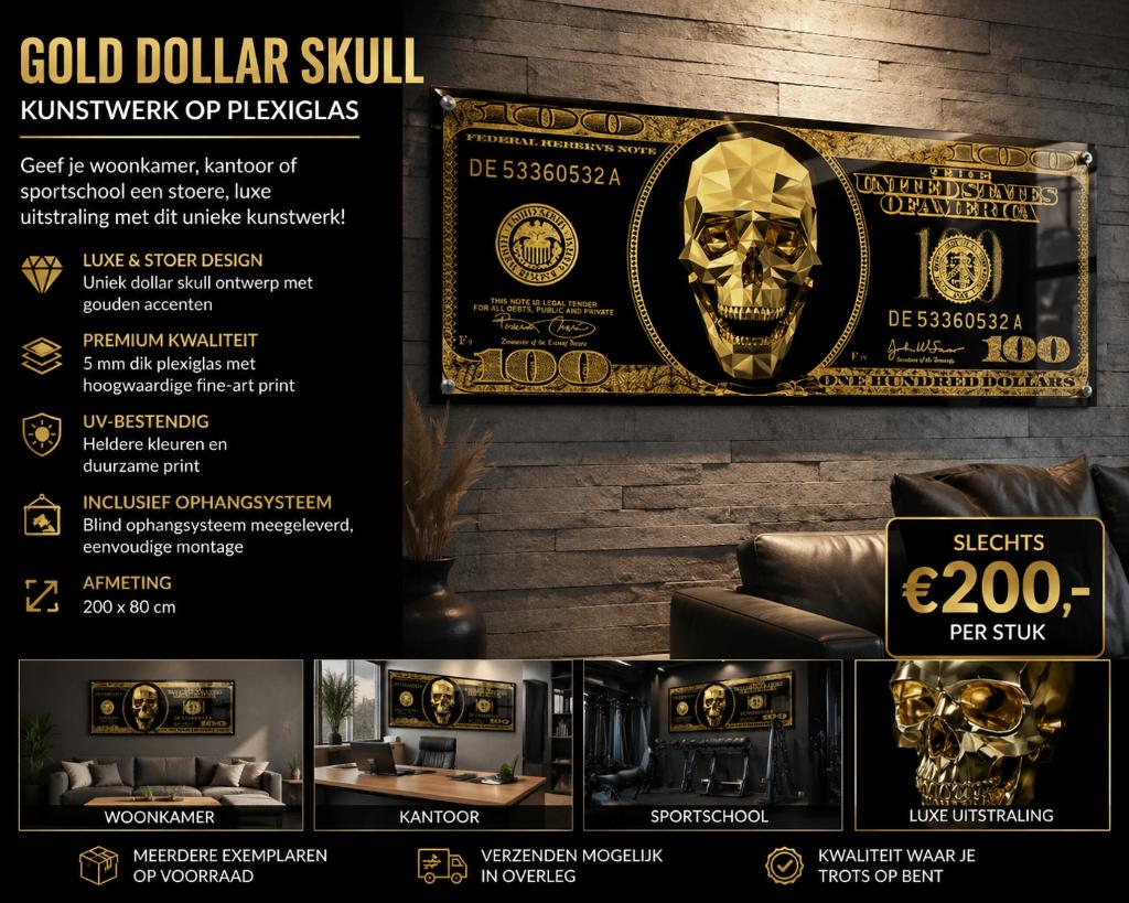 Groot Gold Dollar Skull  Kunstwerk op plexiglas 200X80 CM, Ophalen, Nieuw, 125 cm of meer, Foto of Poster