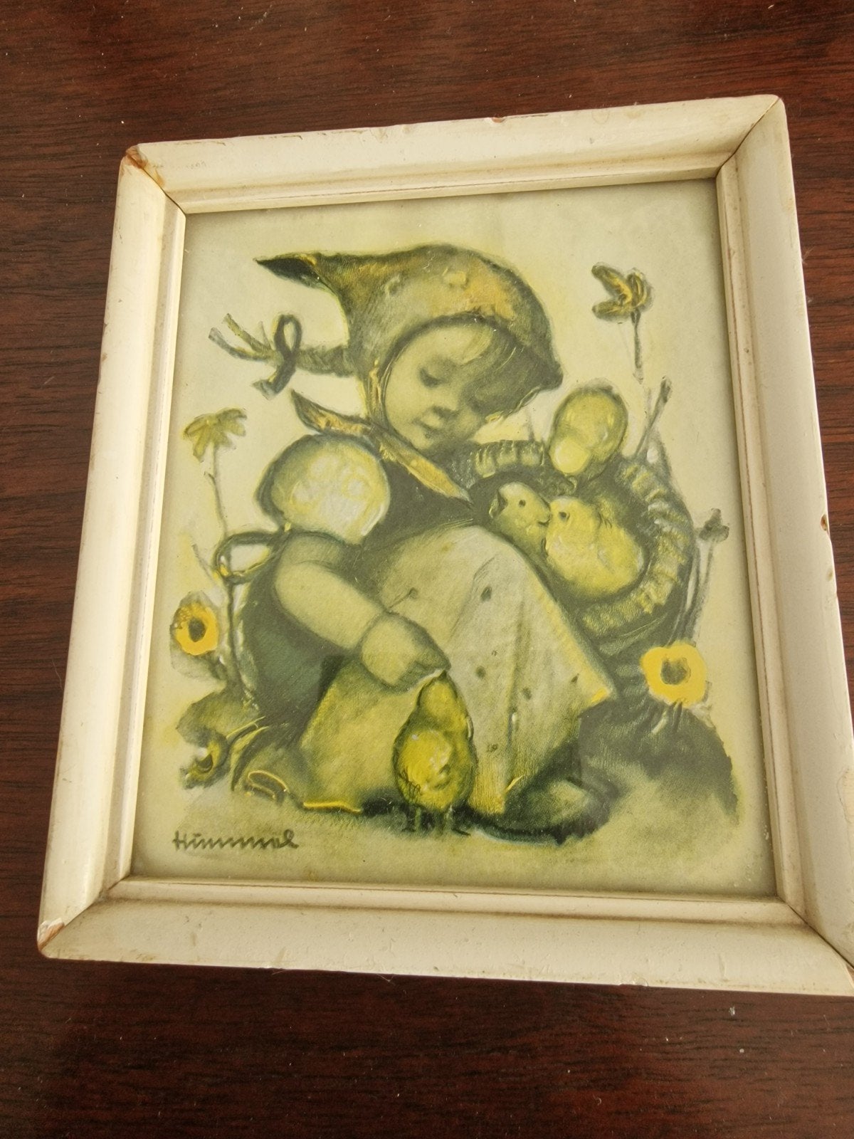 Oude Hummel print in lijstje - meisje met kuikens, Ophalen of Verzenden