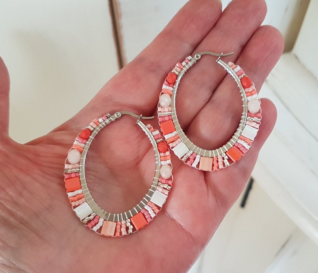 Hippie Chique Ovale Oorbellen Medium Oranje Zilver Wit, Hangers, Verzenden, Nieuw, Oranje