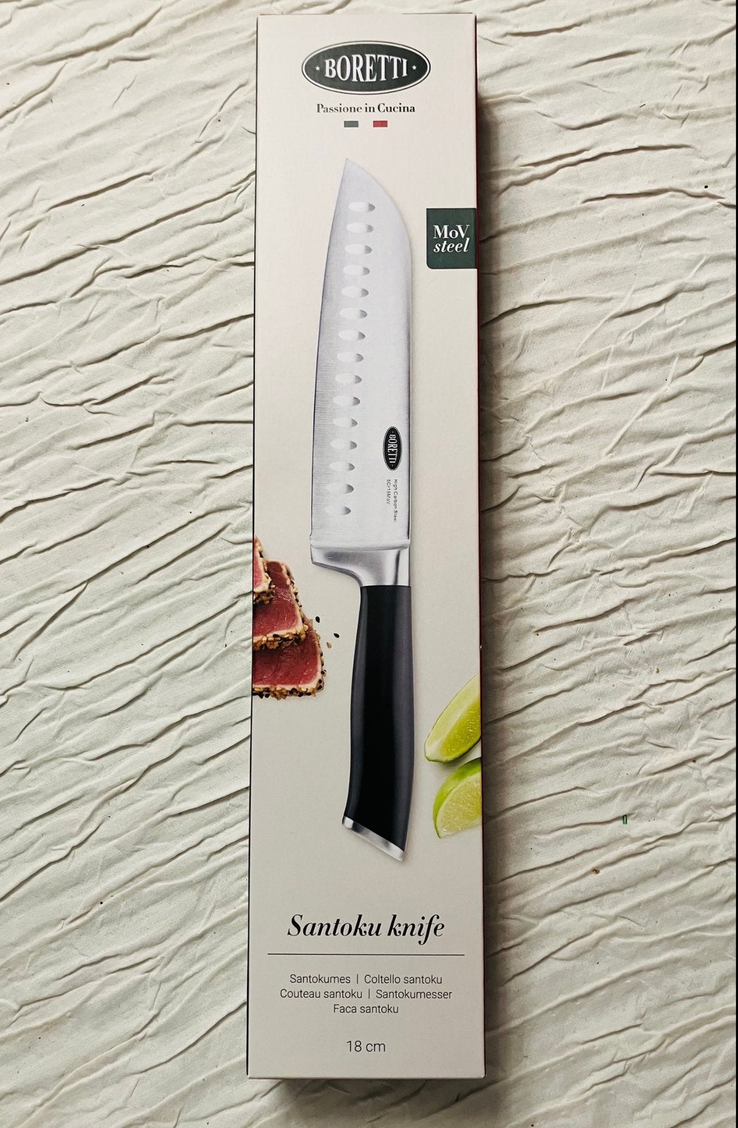 BORETTI Santokumes 18 cm – Nieuw in originele verpakking!, Ophalen of Verzenden, Nieuw, Rvs of Chroom, Los bestek