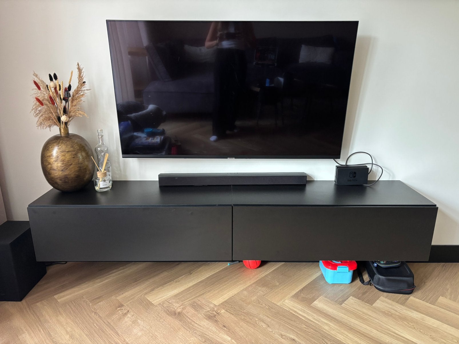 Mat zwart tv meubel meubella 200 cm, Ophalen, 150 tot 200 cm, Zo goed als nieuw, Minder dan 100 cm