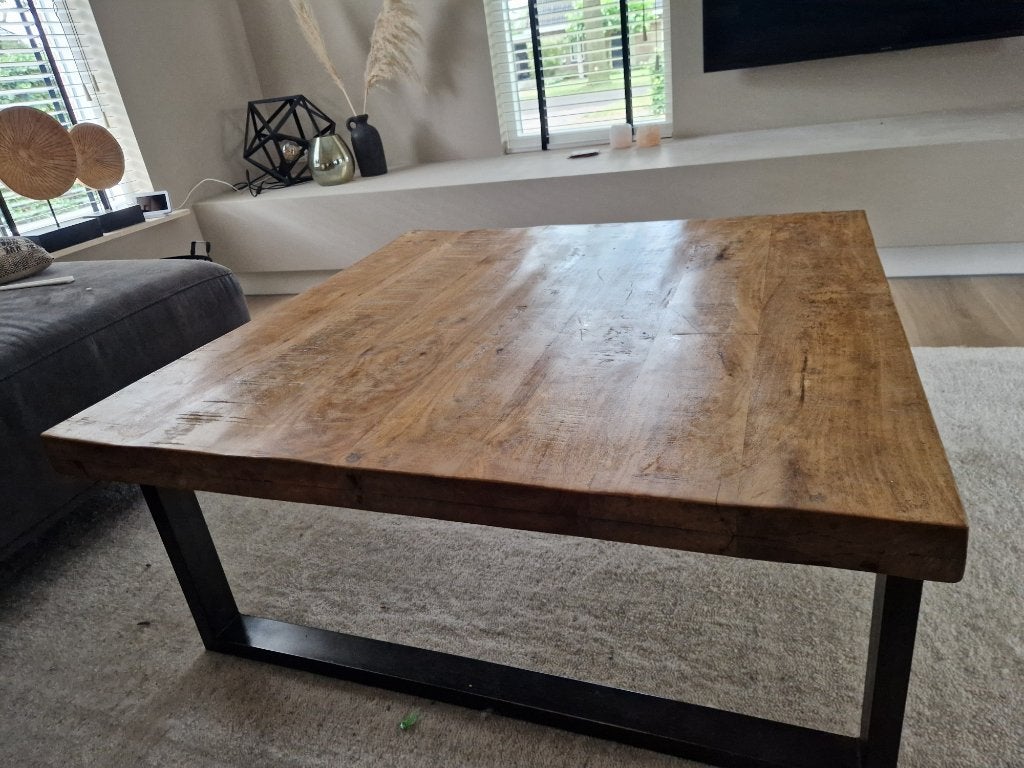 Salontafel Mangohout. 100cm x 100cm. stalen frame, Huis en Inrichting, Tafels | Salontafels, Vierkant, Zo goed als nieuw, 5 – 50