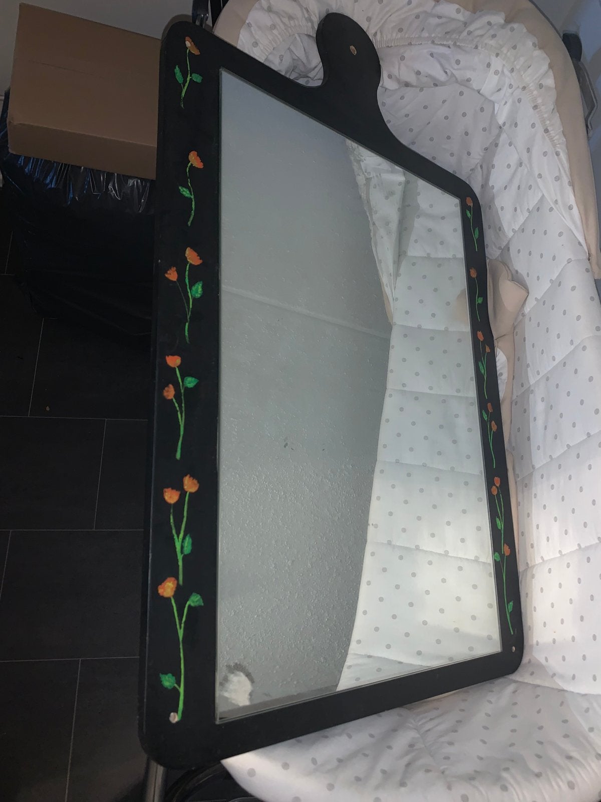 Houten Spiegel - Zwart met Handgeschilderde Bloemen, Ophalen, Rechthoekig, 50 tot 100 cm, Minder dan 100 cm