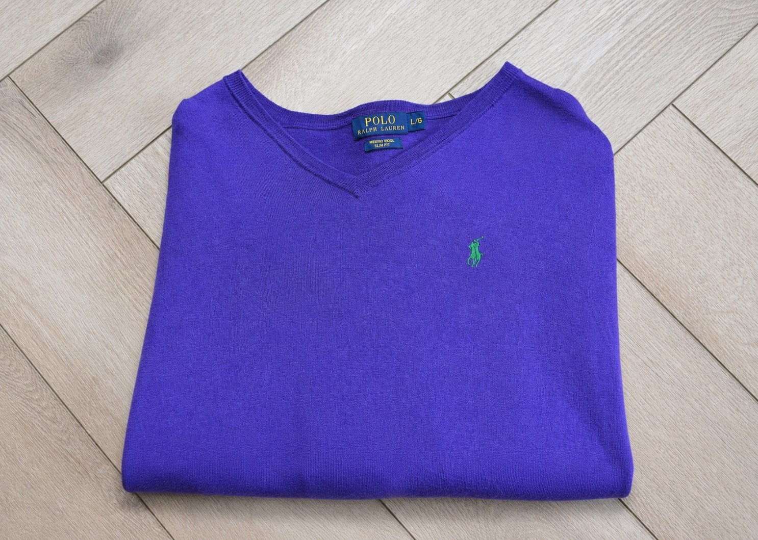 Ralph Lauren Slim Fit V-hals Trui Paars Merino Wol L, Verzenden, Zo goed als nieuw, Maat 52/54 (L), Paars
