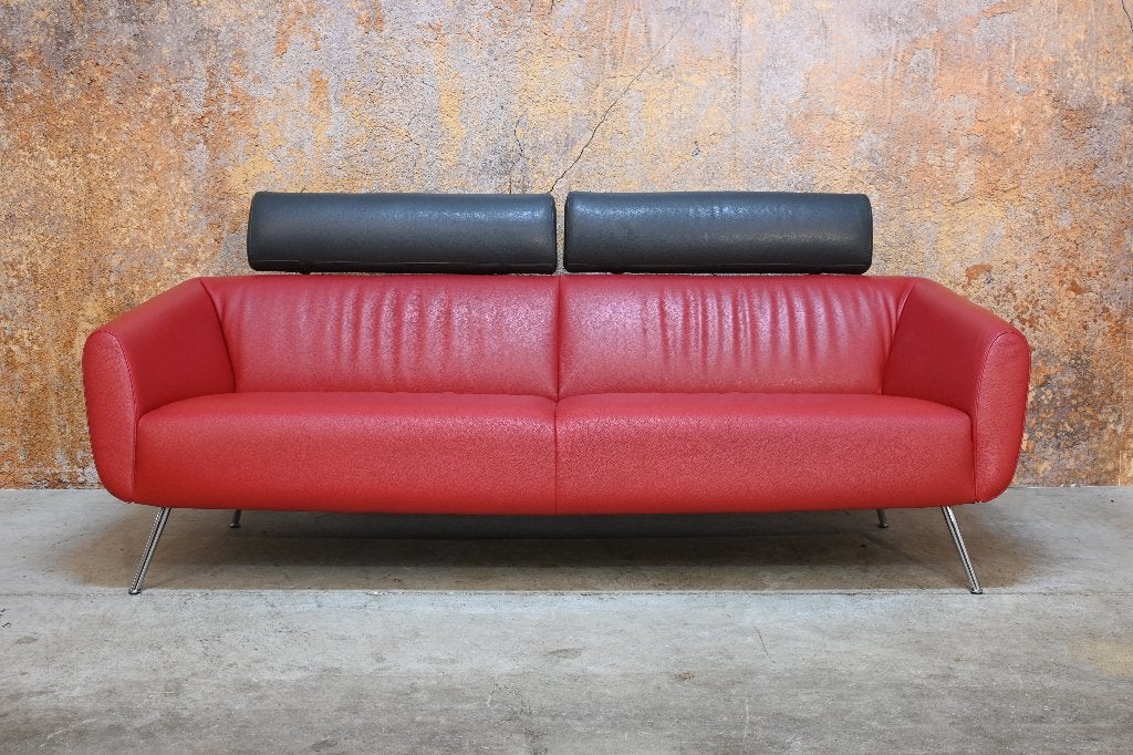 ZGANieuw Leolux Marabeau designbank in rood en grijs leer, Leolux, Leolux, Driepersoons, 75 tot 100 cm