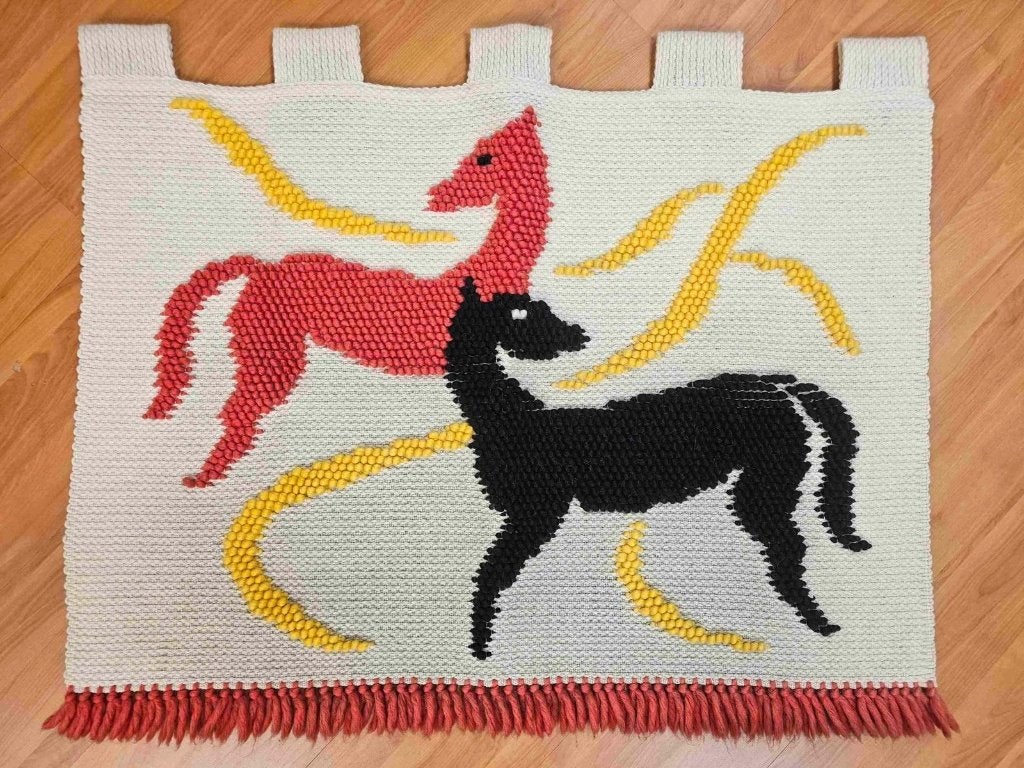 Vintage handgemaakt wandkleed paarden 98/80 cm