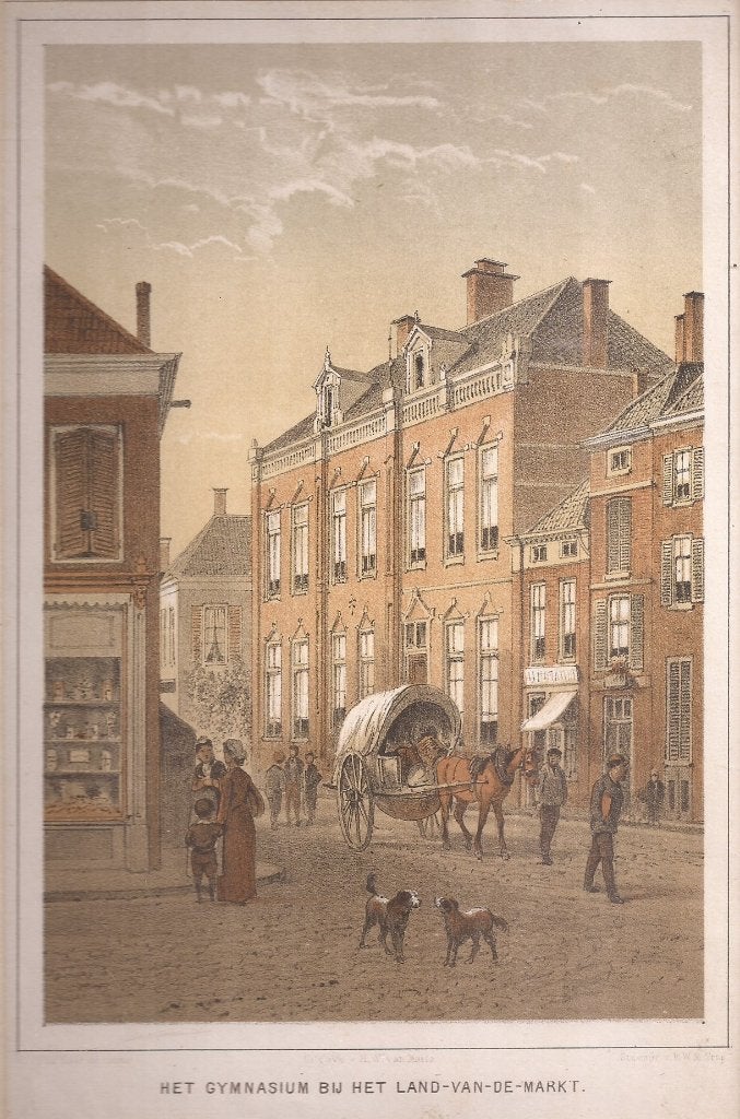 Arnhem Het Gymnasium bij het Land-van-de Markt ca. 1880 Lith, Antiek en Kunst, Origineel, 1800 - 1899, Stadsgezicht, Ophalen of Verzenden