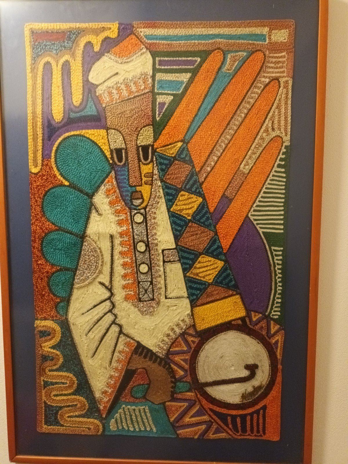 Afrikaanse textielkunst: Muzikant met instrument, Ophalen, Wanddecoratie, Textiel, Afrika