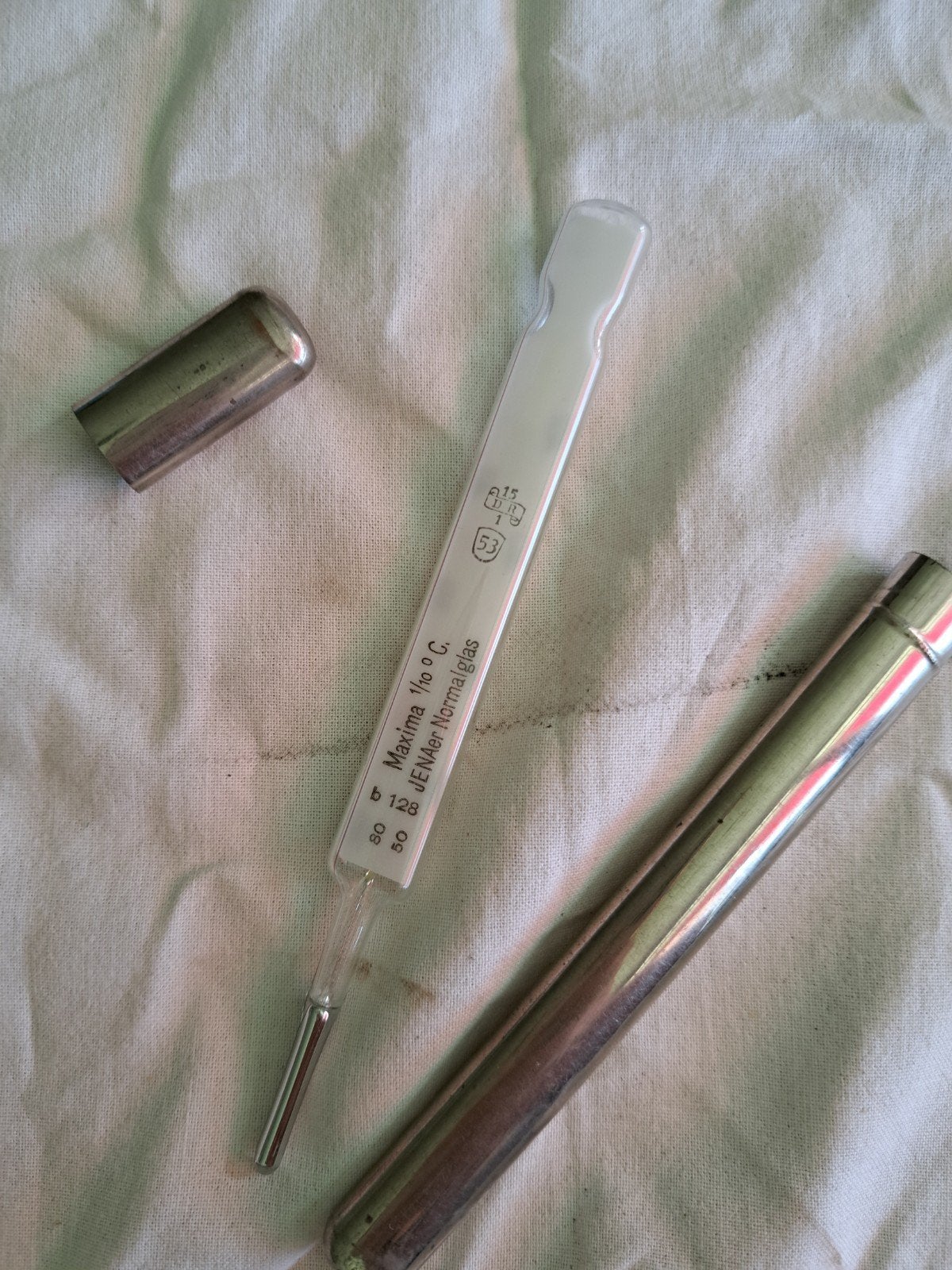 Vintage koortsthermometer met metalen hoes, Ophalen of Verzenden