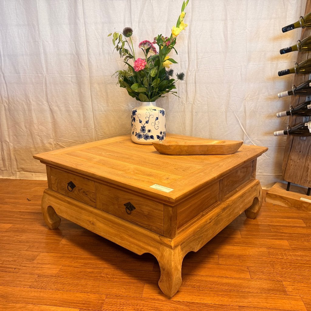 opium tafel - teak - 90 x 90 cm met 2 lades - Gratis bezorgd, TTM Wonen, Meubels – (Perzische) Tapijten en Woonaccessoires, 50 tot 100 cm