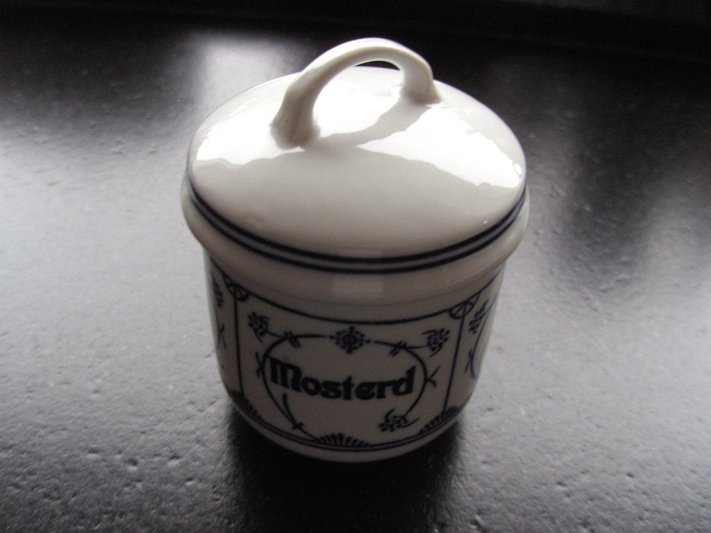 Jäger blauw Saks porselein, Mosterdpotje, Overige typen, Ophalen of Verzenden, Zo goed als nieuw, Overige stijlen
