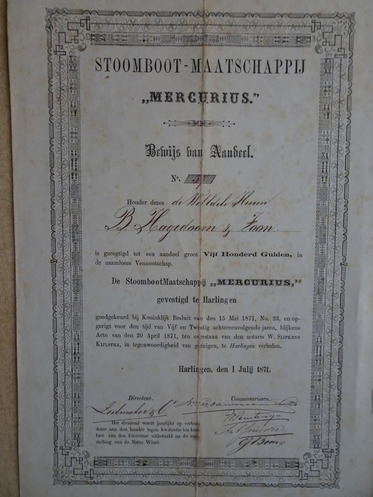 Aandeel Stoomboot-Maatschappij "Mercurius" Harlingen 1871, Ophalen of Verzenden, Voor 1920, Aandeel