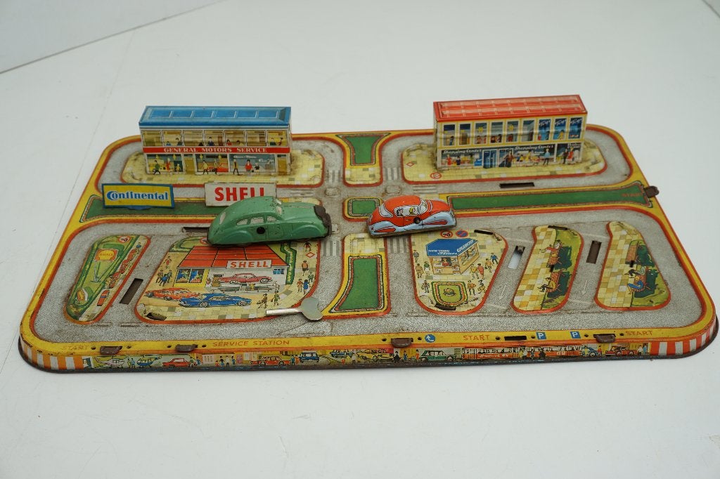 Vintage blikken speelgoedbaan met auto's, Ophalen of Verzenden