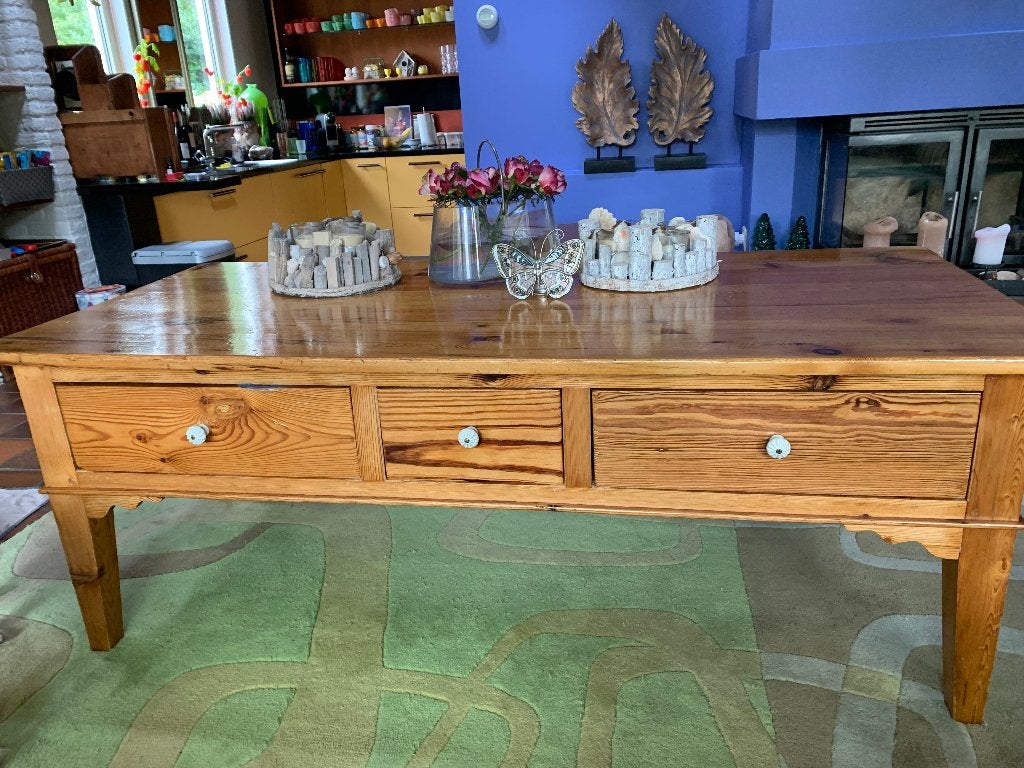 Houten Salontafel / sidetable met 3 laden, Huis en Inrichting, Tafels | Sidetables, Ophalen, Gebruikt, 150 tot 200 cm, Grenenhout
