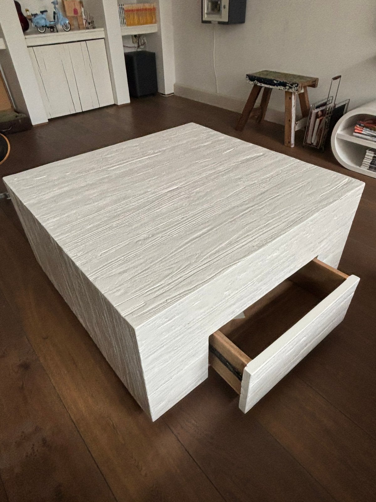 Teakhouten salontafel - wit gelakt, Ophalen, 50 tot 100 cm, 50 tot 100 cm, Zo goed als nieuw