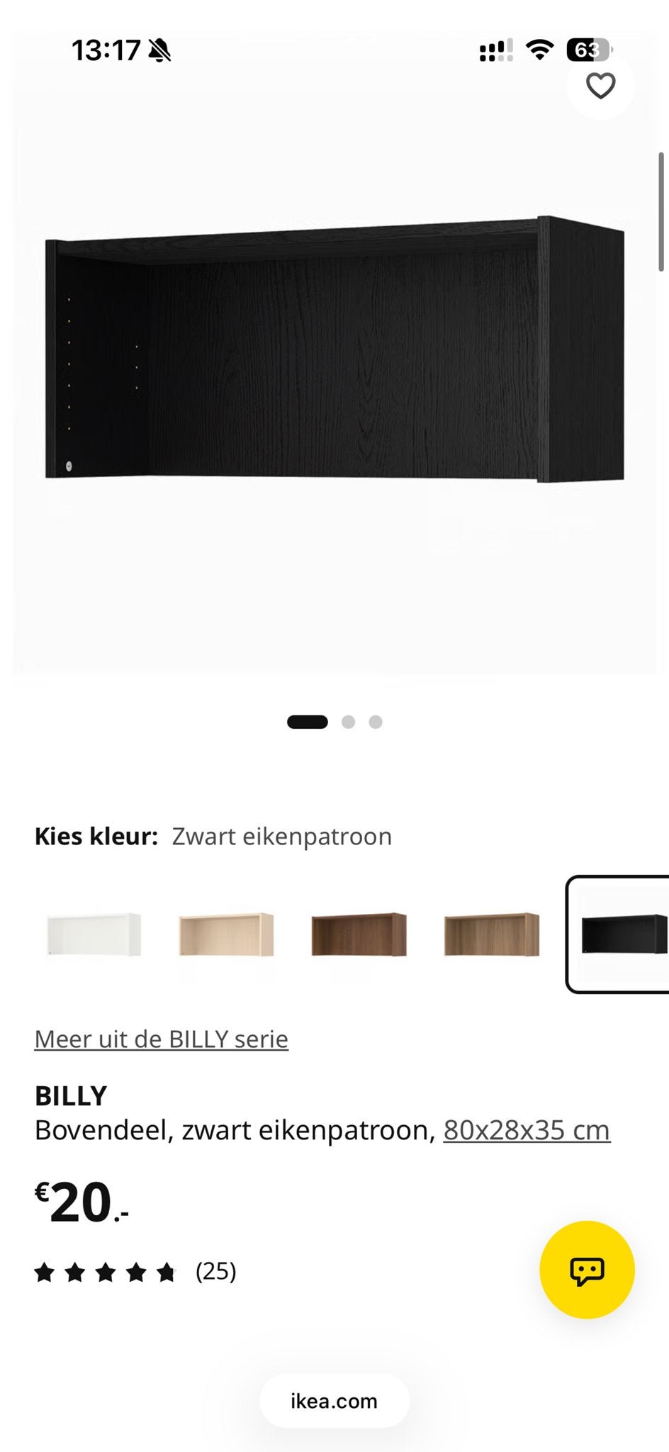 IKEA BILLY Bovenkast Zwart Eikenpatroon 80x28x35 cm, Ophalen, Gebruikt
