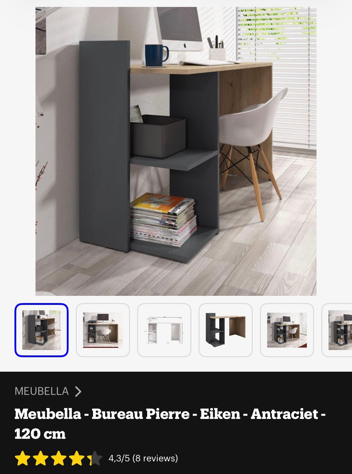 Meubella Bureau Pierre – Eiken/Antraciet – 120 cm €55,-, Ophalen of Verzenden, Zo goed als nieuw