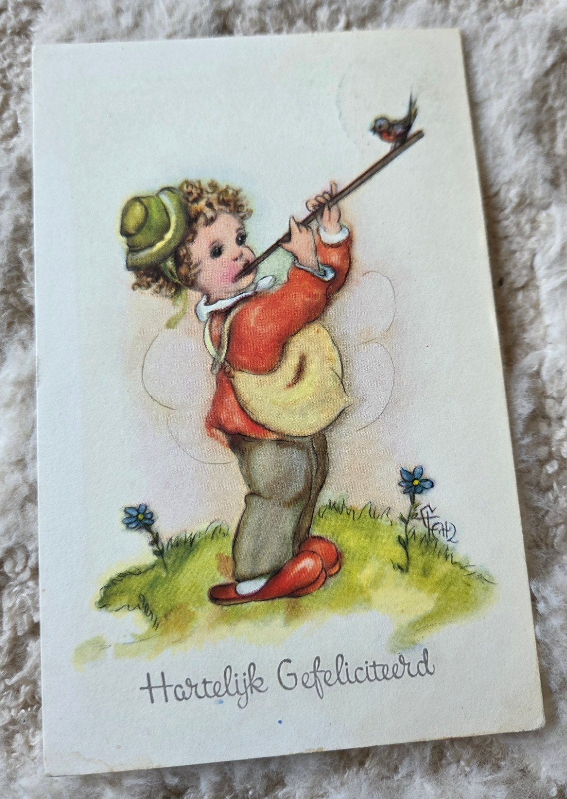 Jongen met fluit en vogel, Verzamelen, Ansichtkaarten | Themakaarten, Gelopen, 1940 tot 1960, Kinderen, Verzenden