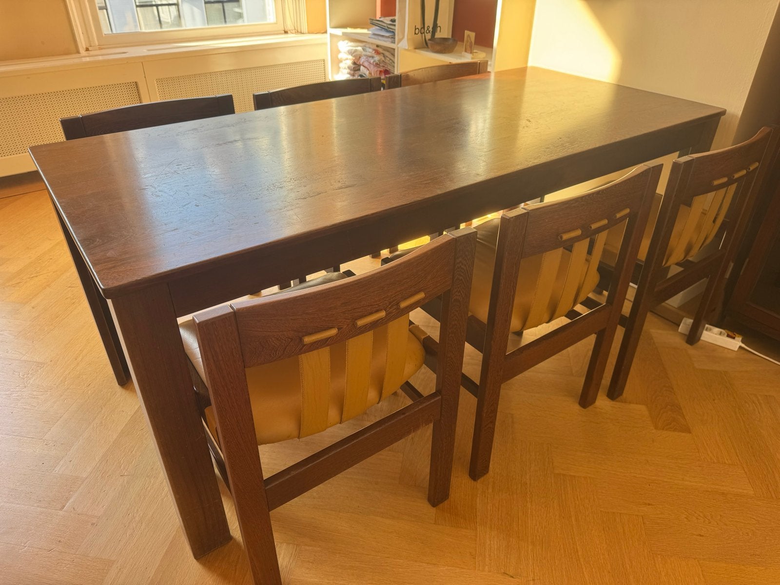 Massief wengé tafel met wengé 6 stoelen, Ophalen, Gebruikt, Eikenhout, 50 tot 100 cm