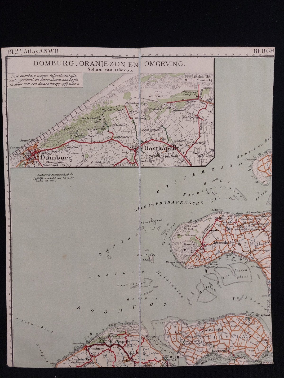 22 / Burgh en Haamstede e.o. plattegrond uit Atlas ANWB 1920, Gelezen, ANWB, Ophalen of Verzenden, Landkaart