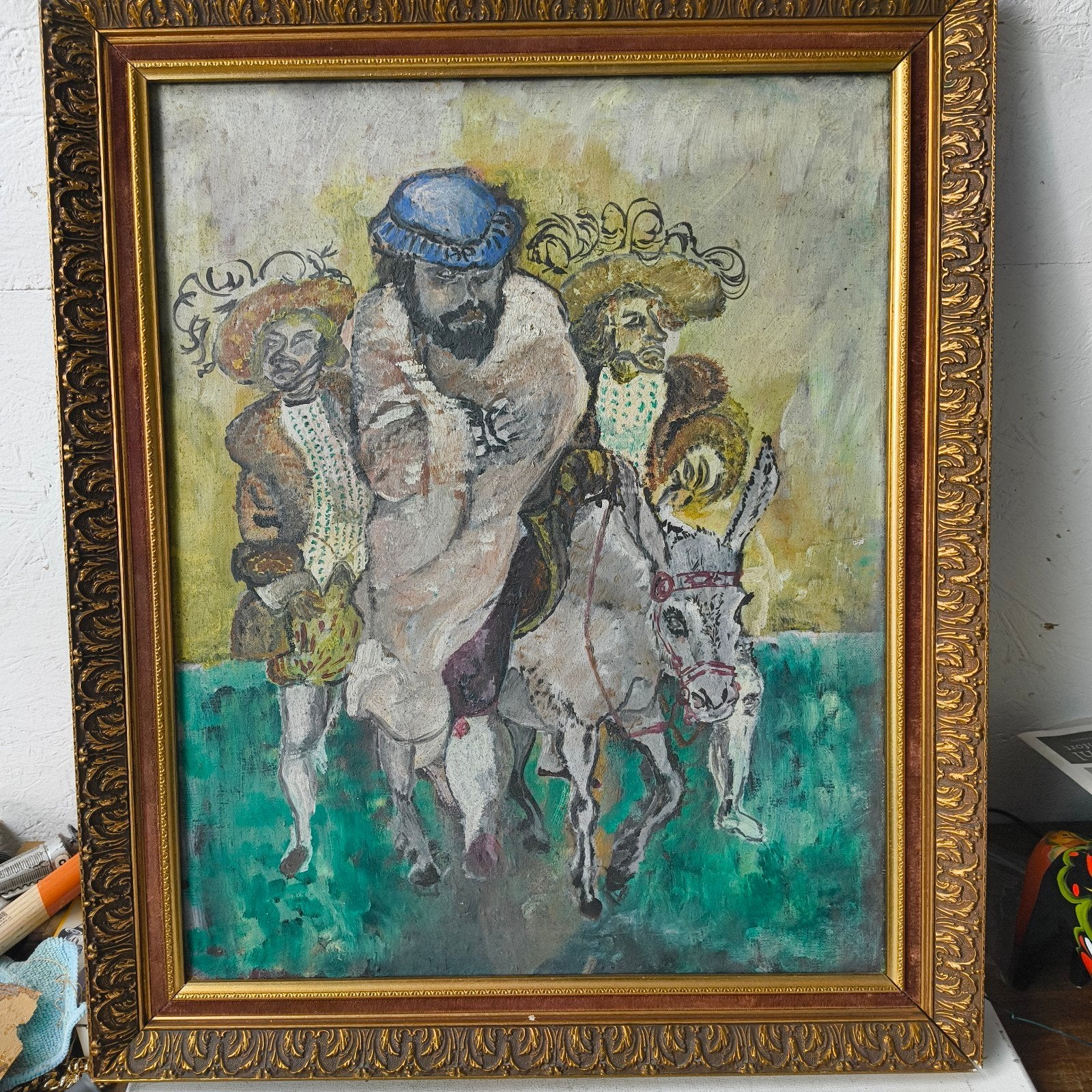 Oud olieverf op doek ruiter op ezel met 2 metgezellen, Doek, Portret of Personen, Expressionistisch, Ophalen of Verzenden