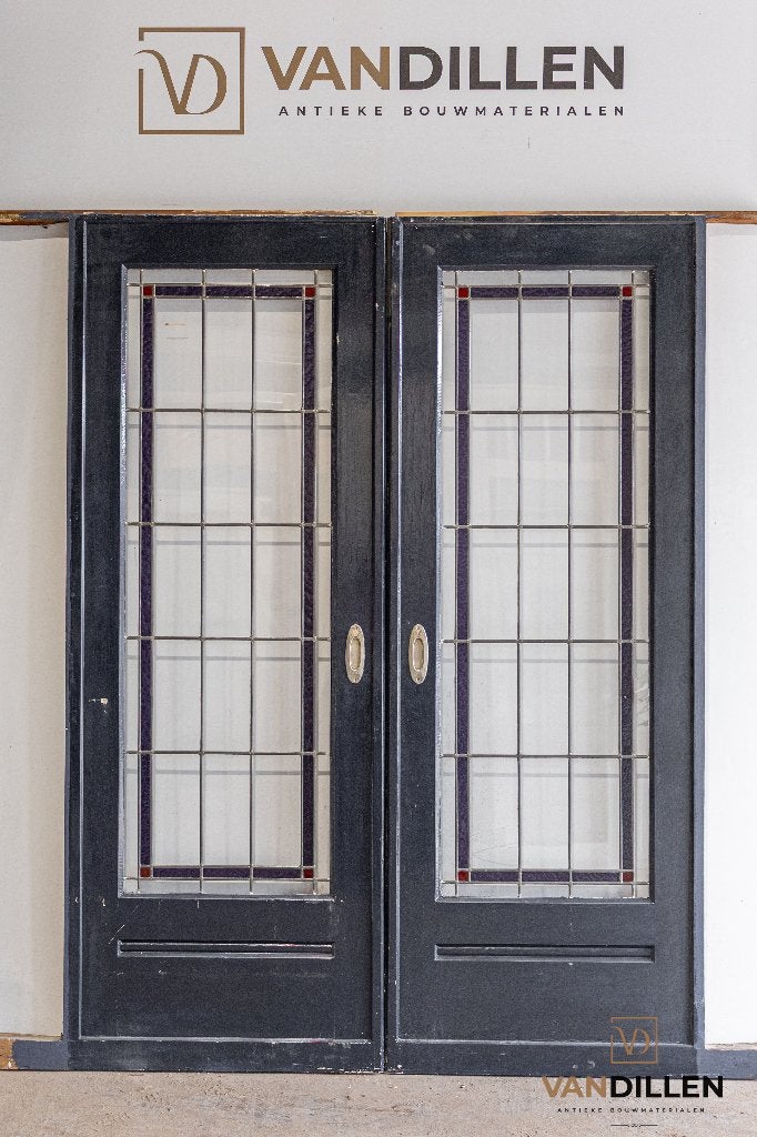Hele gave set antieke ensuite schuifdeuren met glas in lood