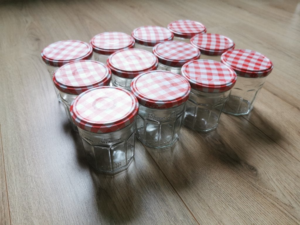 Bonne Maman 12 x lege potjes jam één keer gebruikt zie fotos, Overige typen, Ophalen of Verzenden, Zo goed als nieuw, Glas