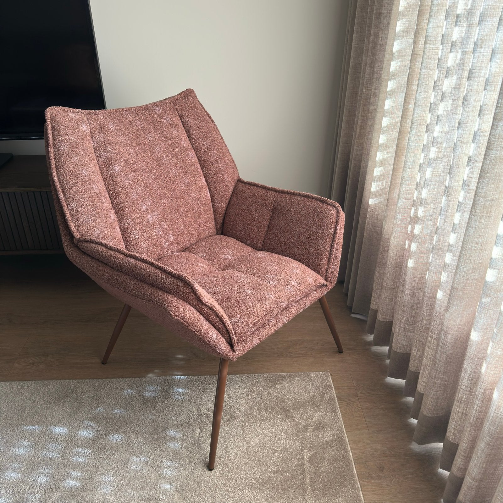 Trendy Fauteuil Cato Leen Bakker - Oudroze Bouclé Stof, Ophalen, Nieuw, Stof, 75 tot 100 cm