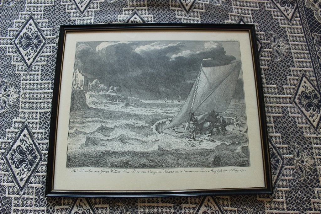 ets van Willem van Oranje verdronken bij Moerdyk14 July 1711, Oud hollands, Ophalen of Verzenden, Landschap, Tekening
